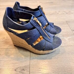 Merona Denim Espadrille Wedge Sandals Womens Size 6 Zipper Cork Sole